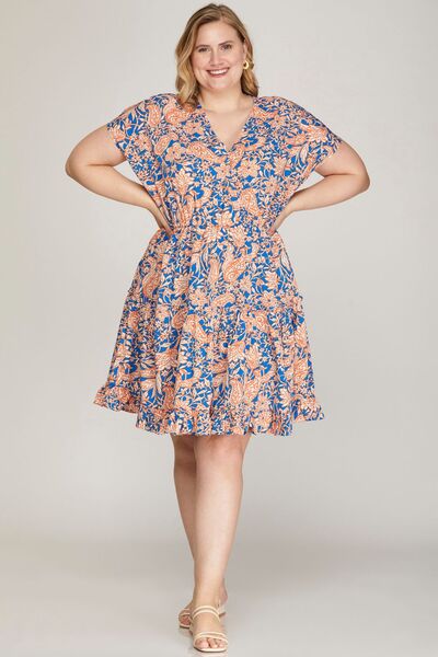 Ruffled Hem Printed Surplice Kimono Sleeve Mini Dress - Stylish and Chic Jewelry Bubble