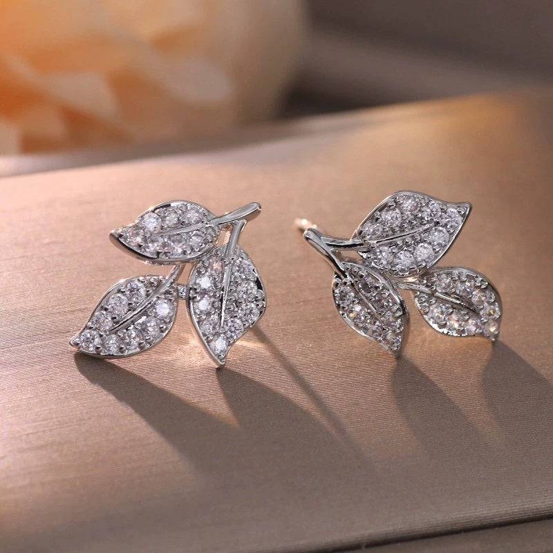 Leaf Stud Earrings – Gold or Silver Finish, Micro Pavé Rhinestone, Dainty Women’s Fashion Jewelry Jewelry Bubble