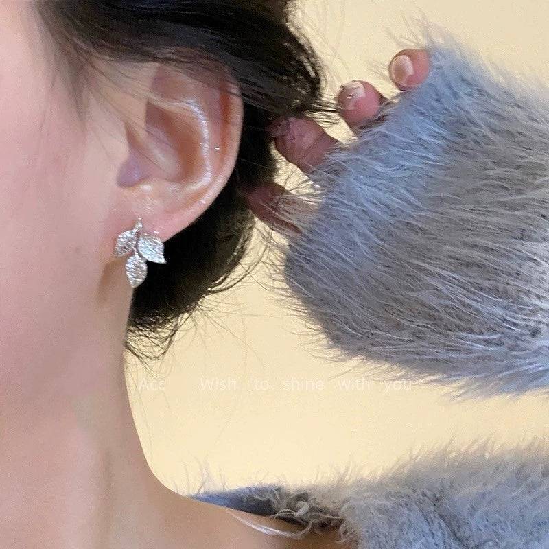 Leaf Stud Earrings – Gold or Silver Finish, Micro Pavé Rhinestone, Dainty Women’s Fashion Jewelry Jewelry Bubble