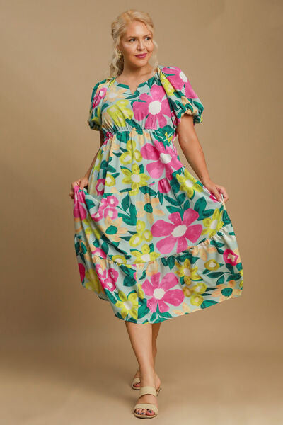 Tiered Multicolor Floral Print Notched Puff Sleeve Midi Dress – Shop the 2025 Style Trend Trendsi