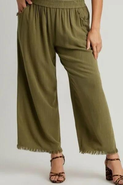 Yellow-green Linen Blend Elastic Waistband Wide Leg Pants