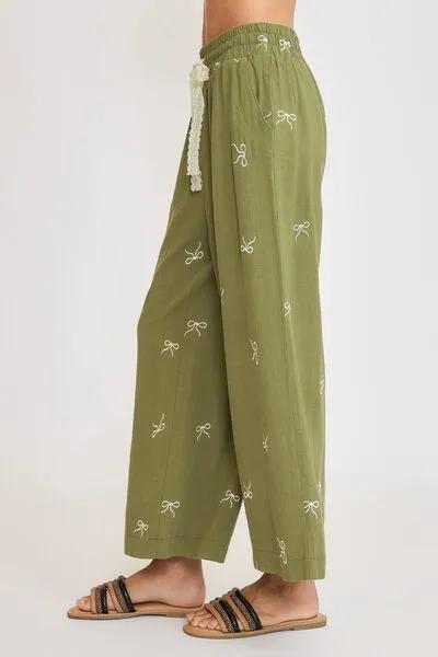 Lace Drawstring Embroidered Bow Wide Leg Pants