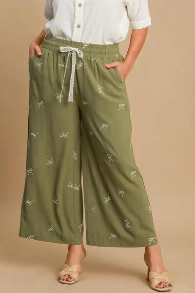 Lace Drawstring Embroidered Bow Wide Leg Pants