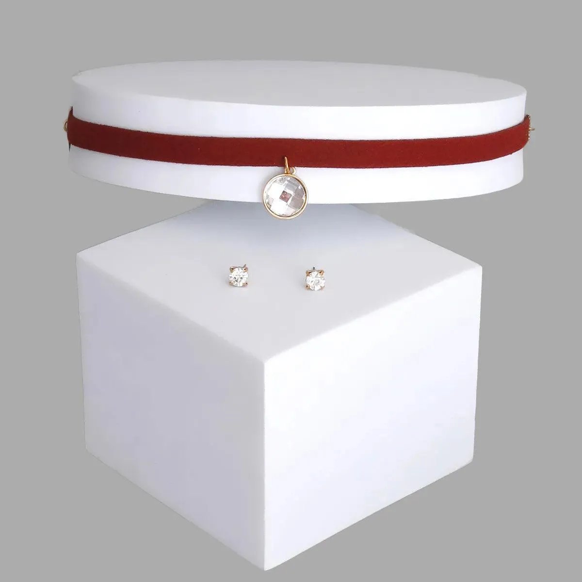 Accessorize in Style: Burgundy-Red Suede Clear Stone Choker Necklace