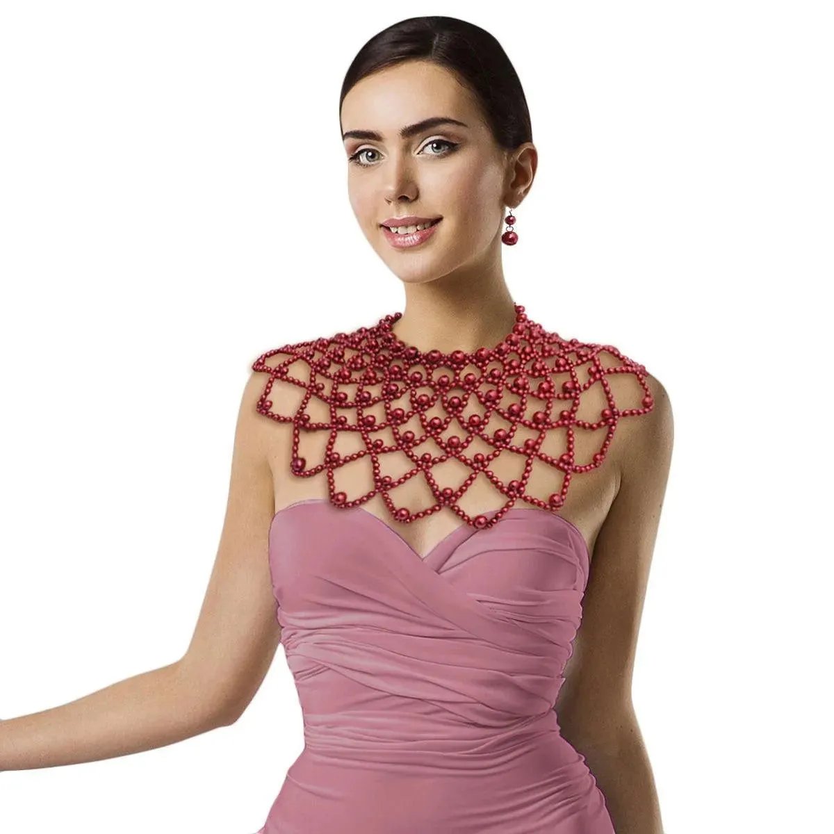 Add Glamour to Your Outfit: Burgundy-red Pearl Necklace Set: Shop Today!