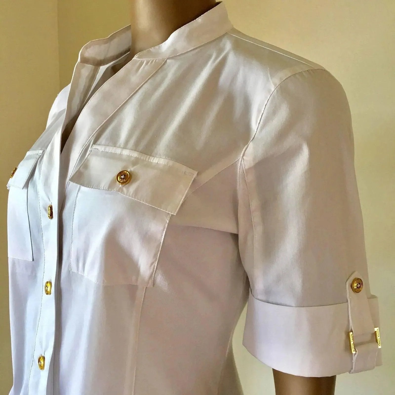 Anne Klein Women's Top Split V-Neck Short Sleeve White Blouse Shirt