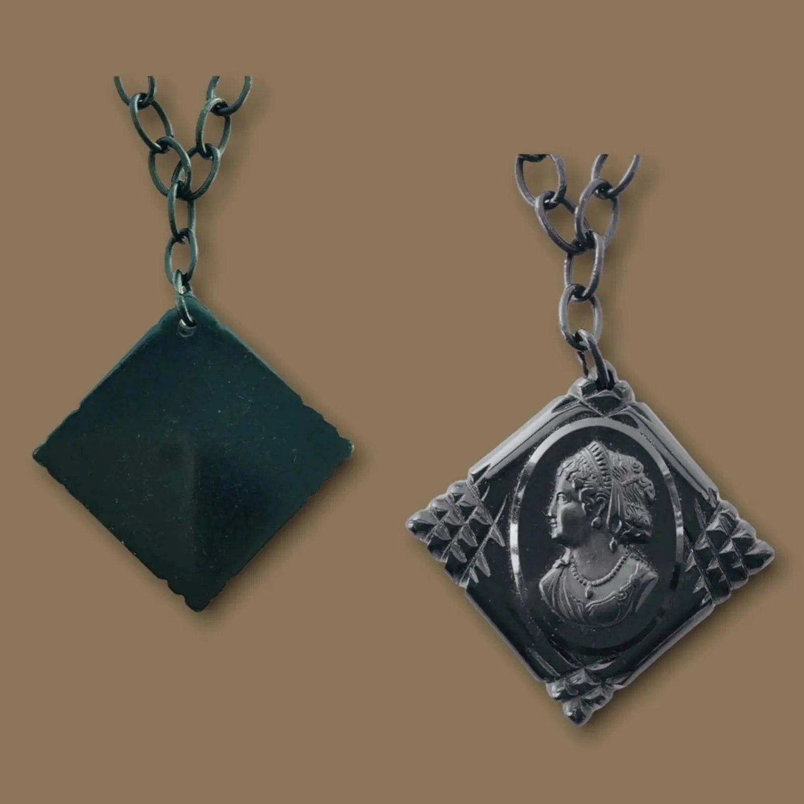 Art Deco black bakelite cameo pendant on celluloid link chain necklace