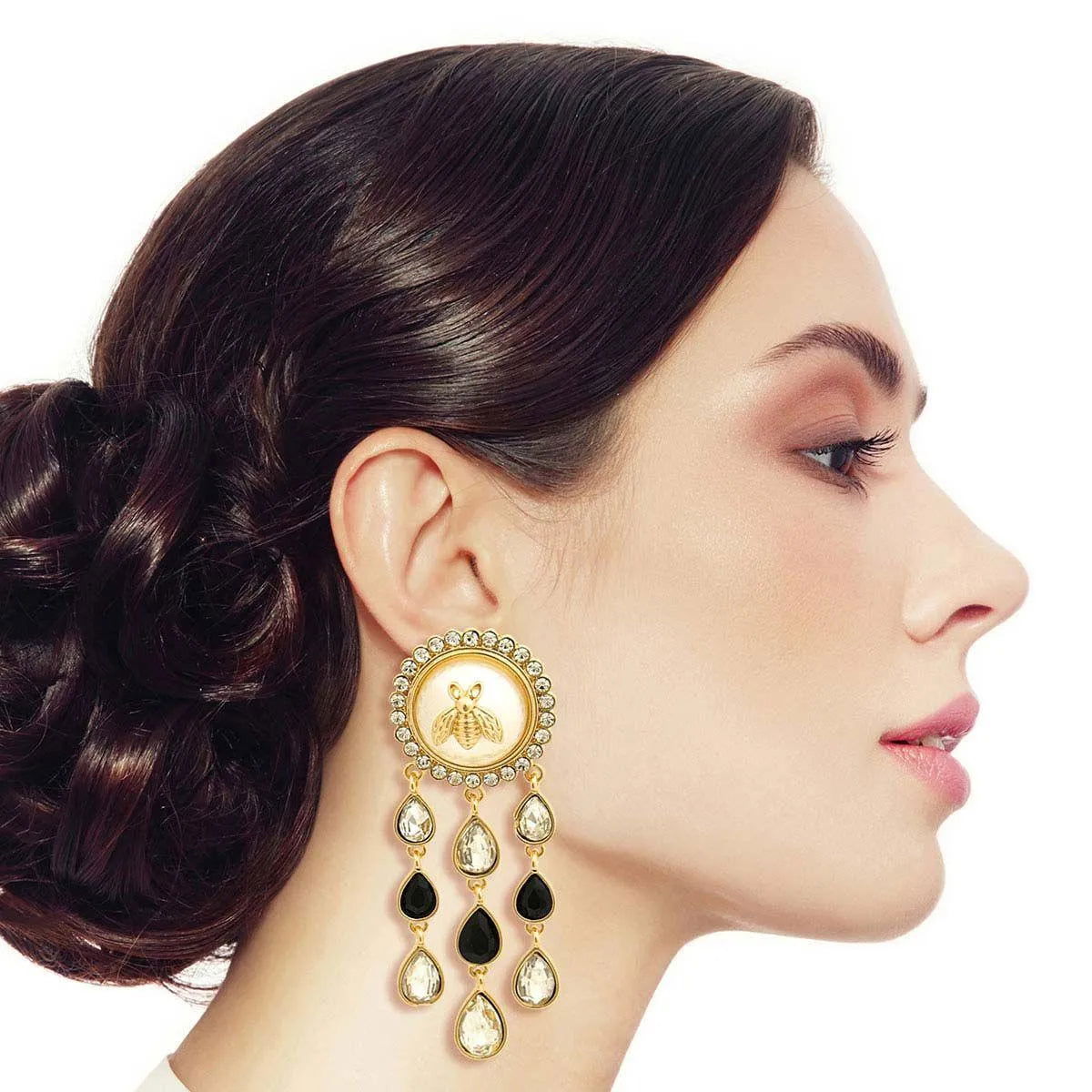 Bee Stud Linked Clear/Black Droplet Dangle Earrings Gold Plated Pinktown