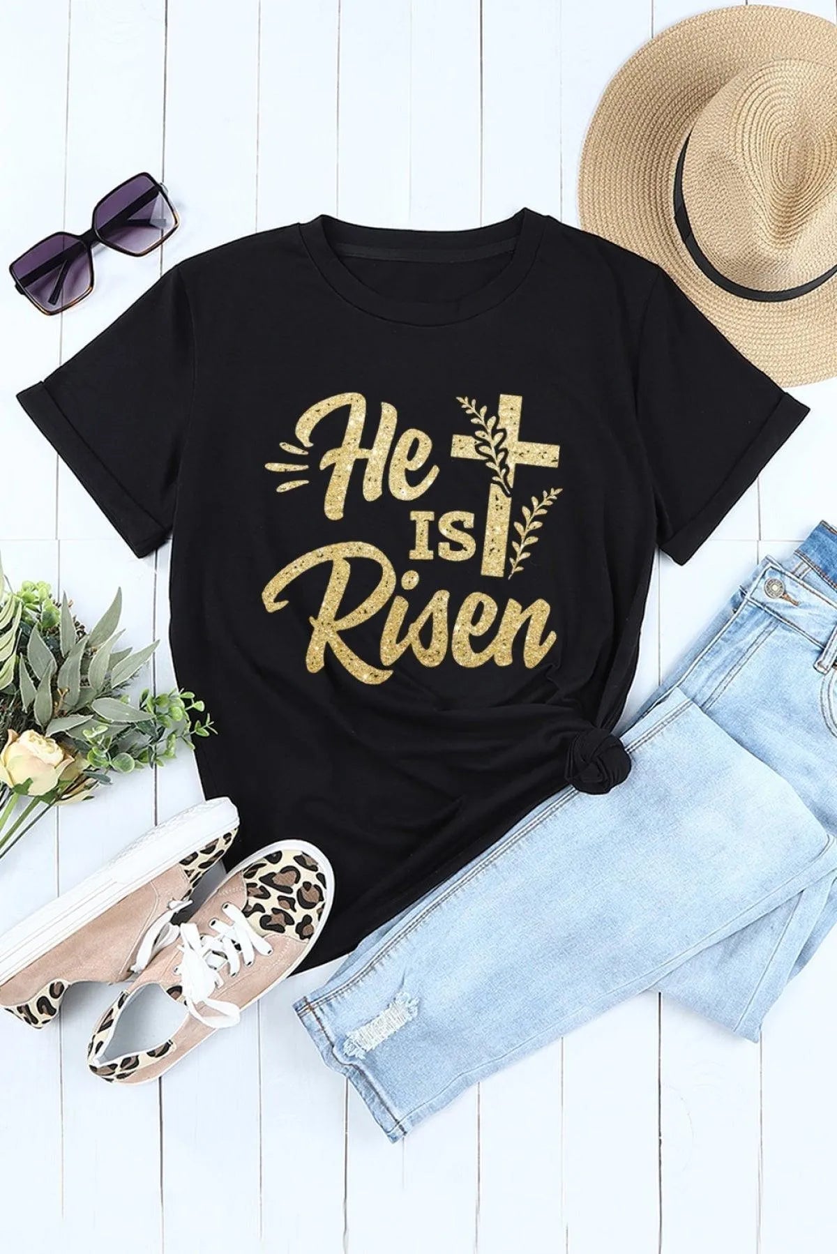 Black He Is Risen Cross Glitter Pattern Print Graphic T Shirt for Women Jewelry Bubble