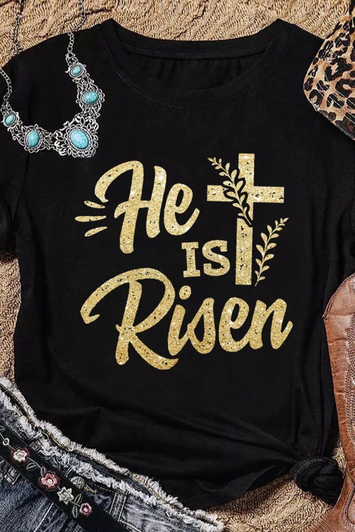 Black He Is Risen Cross Glitter Pattern Print Graphic T Shirt for Women Jewelry Bubble