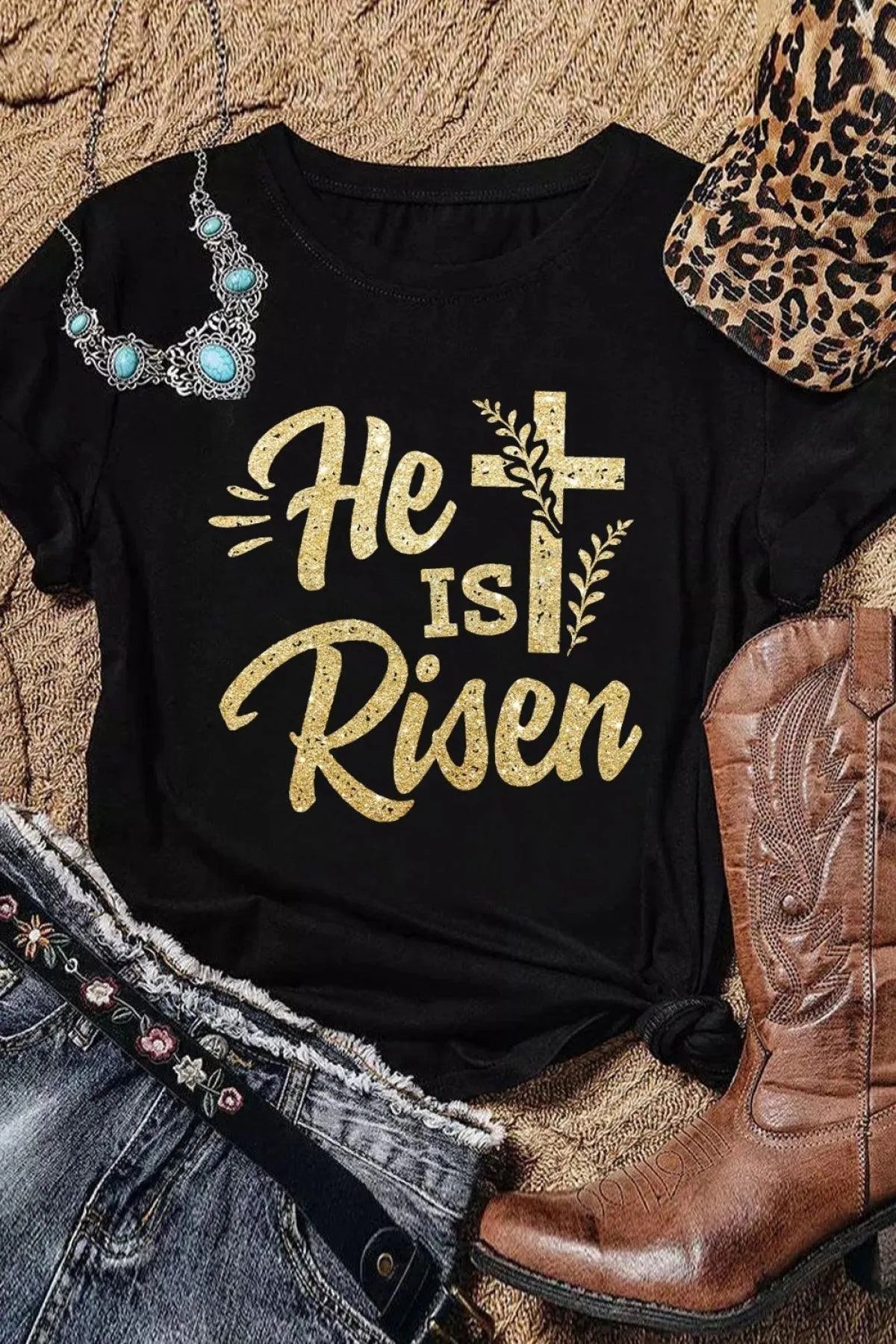 Black He Is Risen Cross Glitter Pattern Print Graphic T Shirt for Women Jewelry Bubble