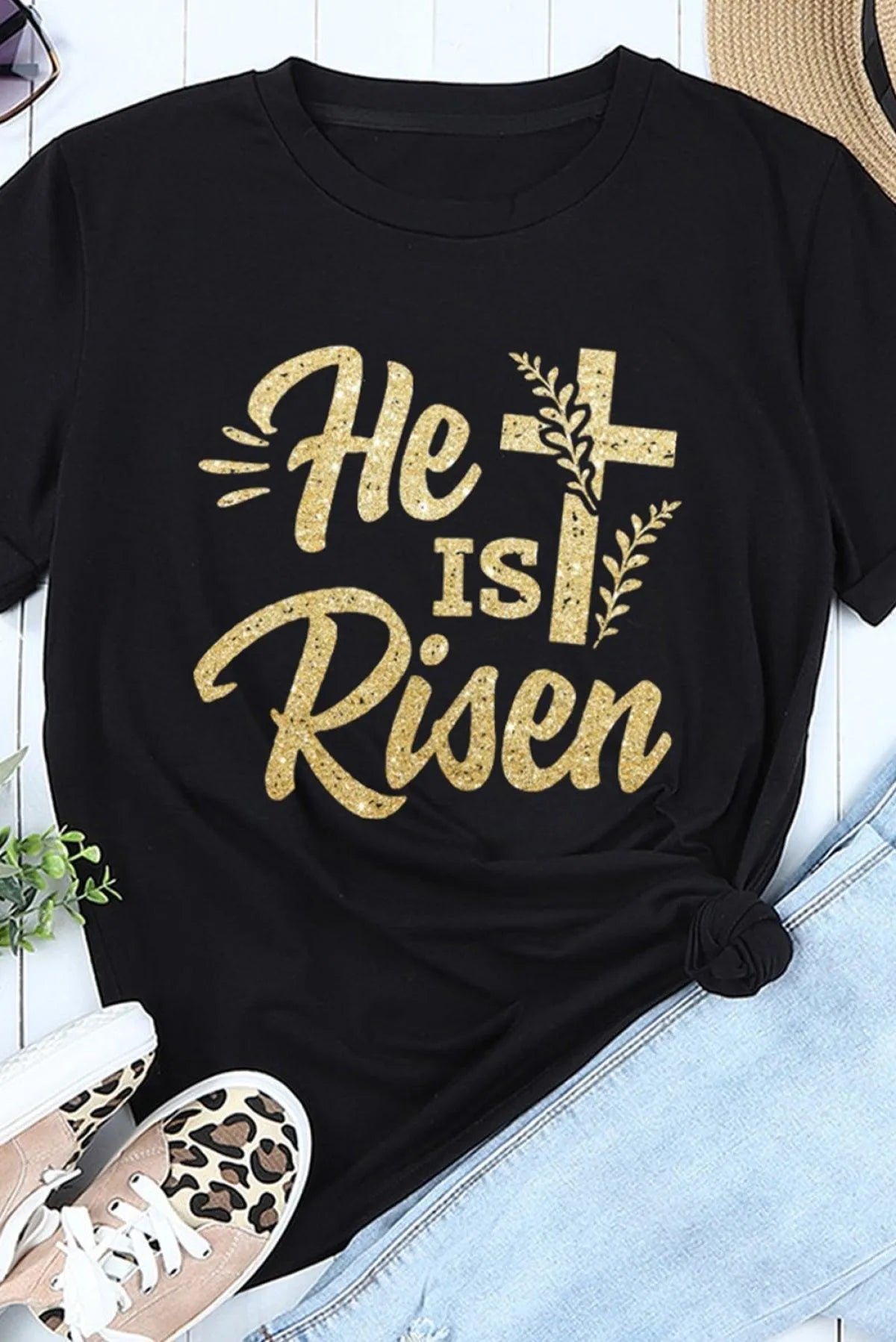 Black He Is Risen Cross Glitter Pattern Print Graphic T Shirt for Women Jewelry Bubble
