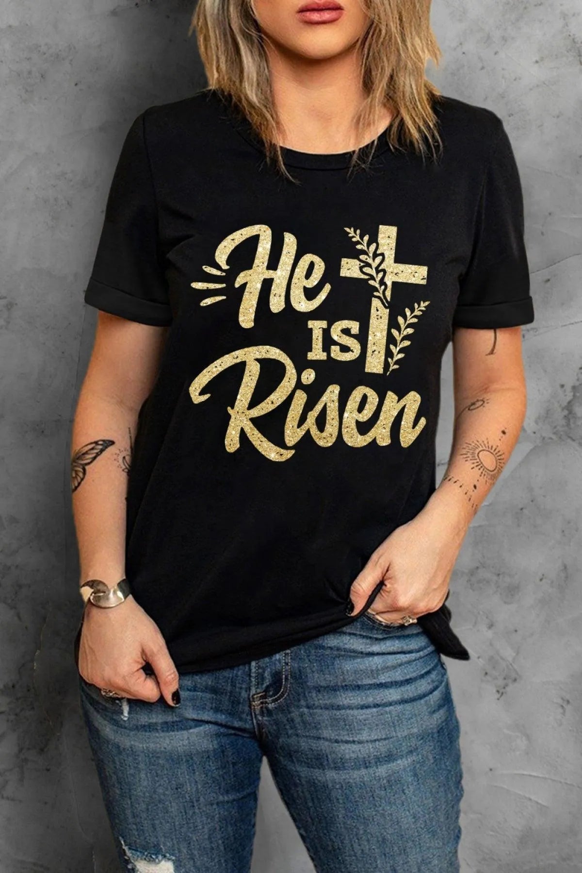 Black He Is Risen Cross Glitter Pattern Print Graphic T Shirt for Women Jewelry Bubble