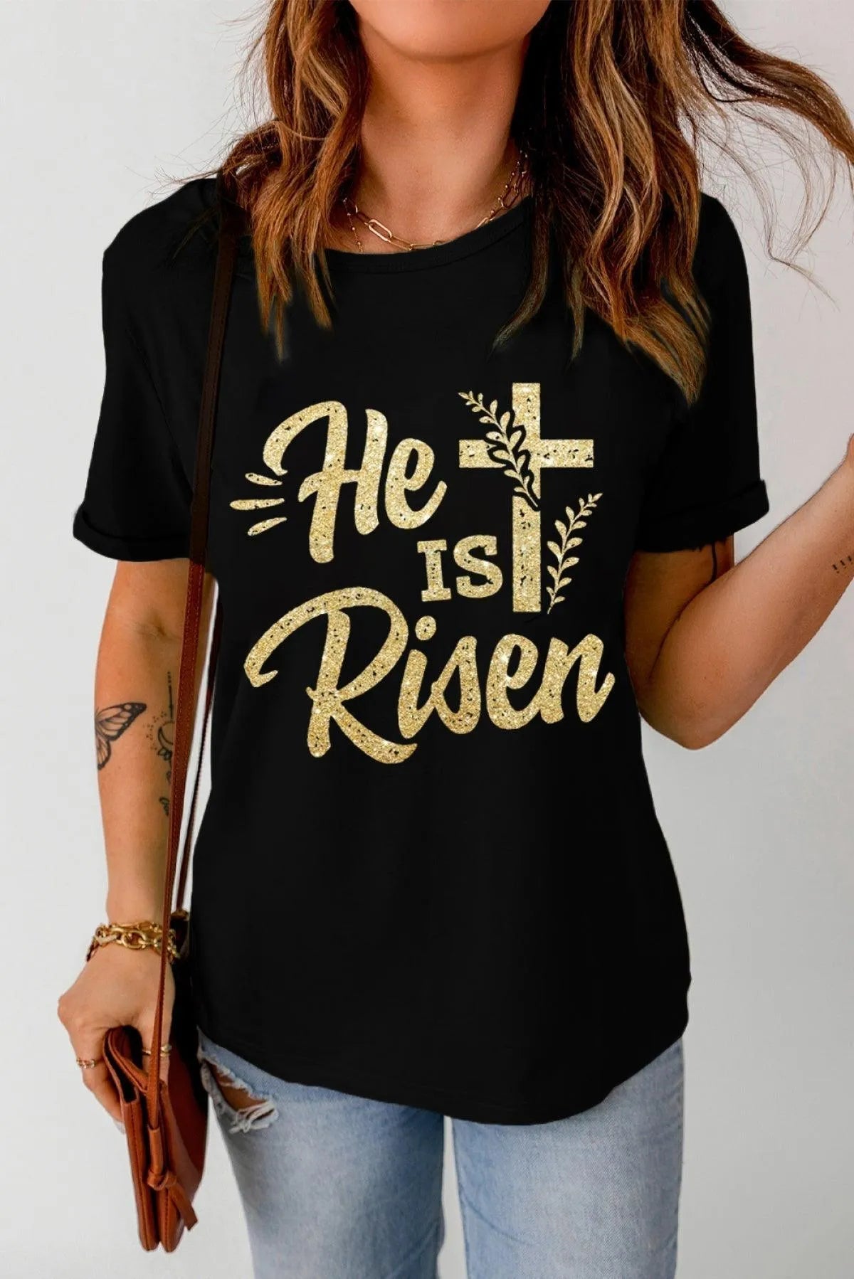 Black He Is Risen Cross Glitter Pattern Print Graphic T Shirt for Women Jewelry Bubble