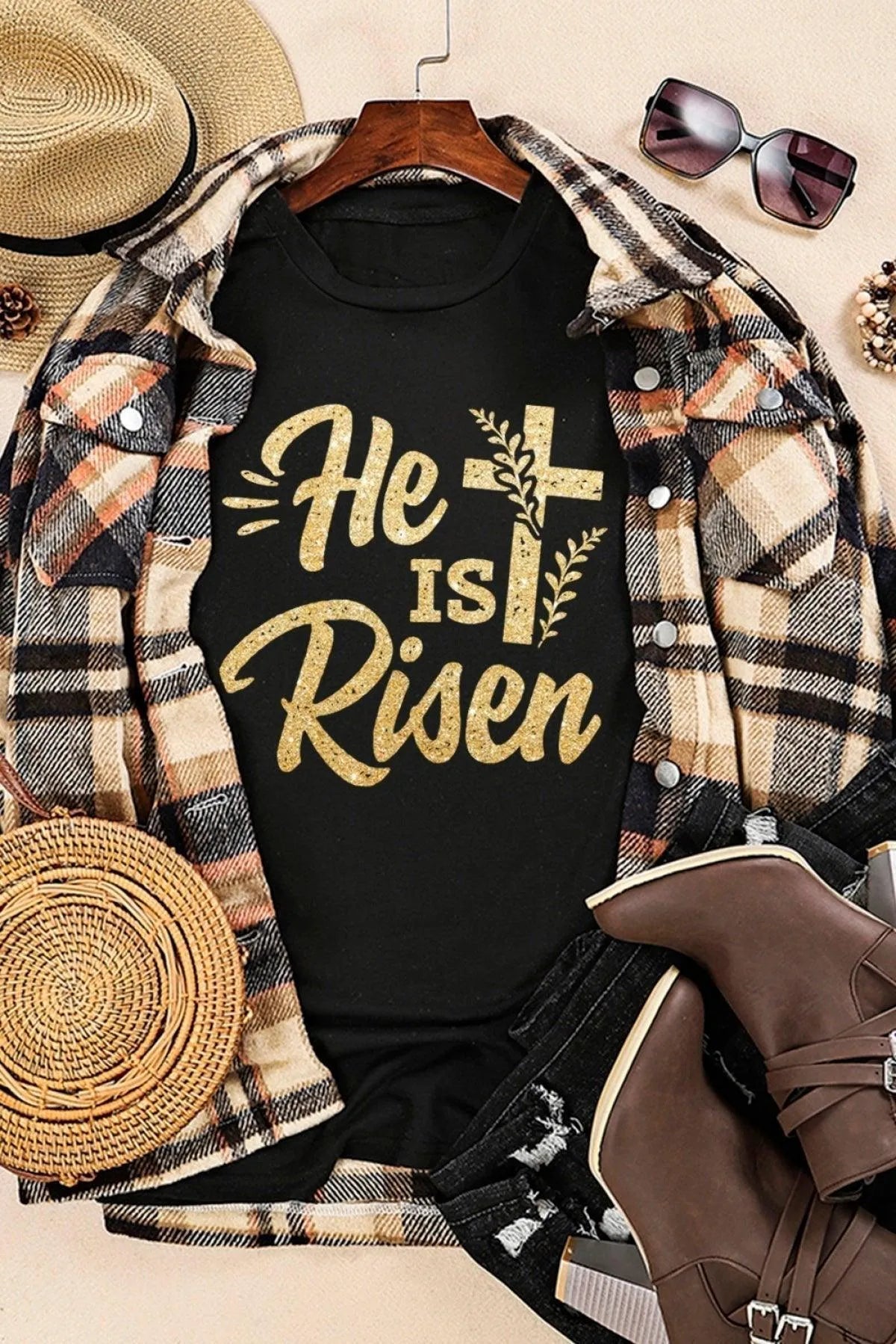 Black He Is Risen Cross Glitter Pattern Print Graphic T Shirt for Women Jewelry Bubble