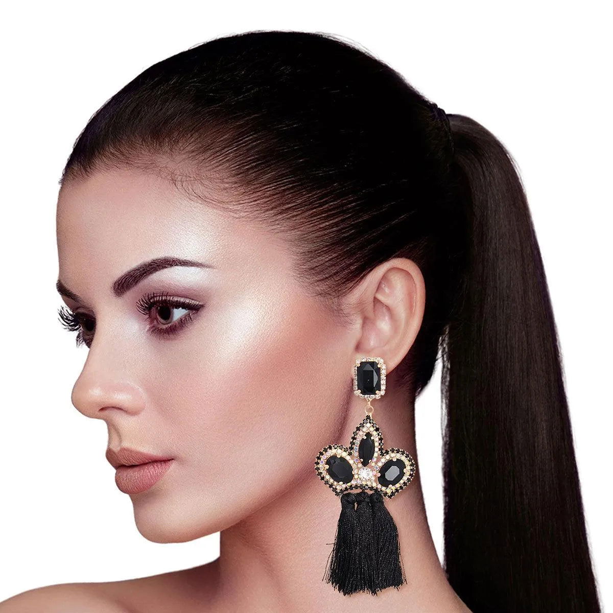 Black Jewel Tassel Drop Fashion Earrings - Shop Now! Pinktown