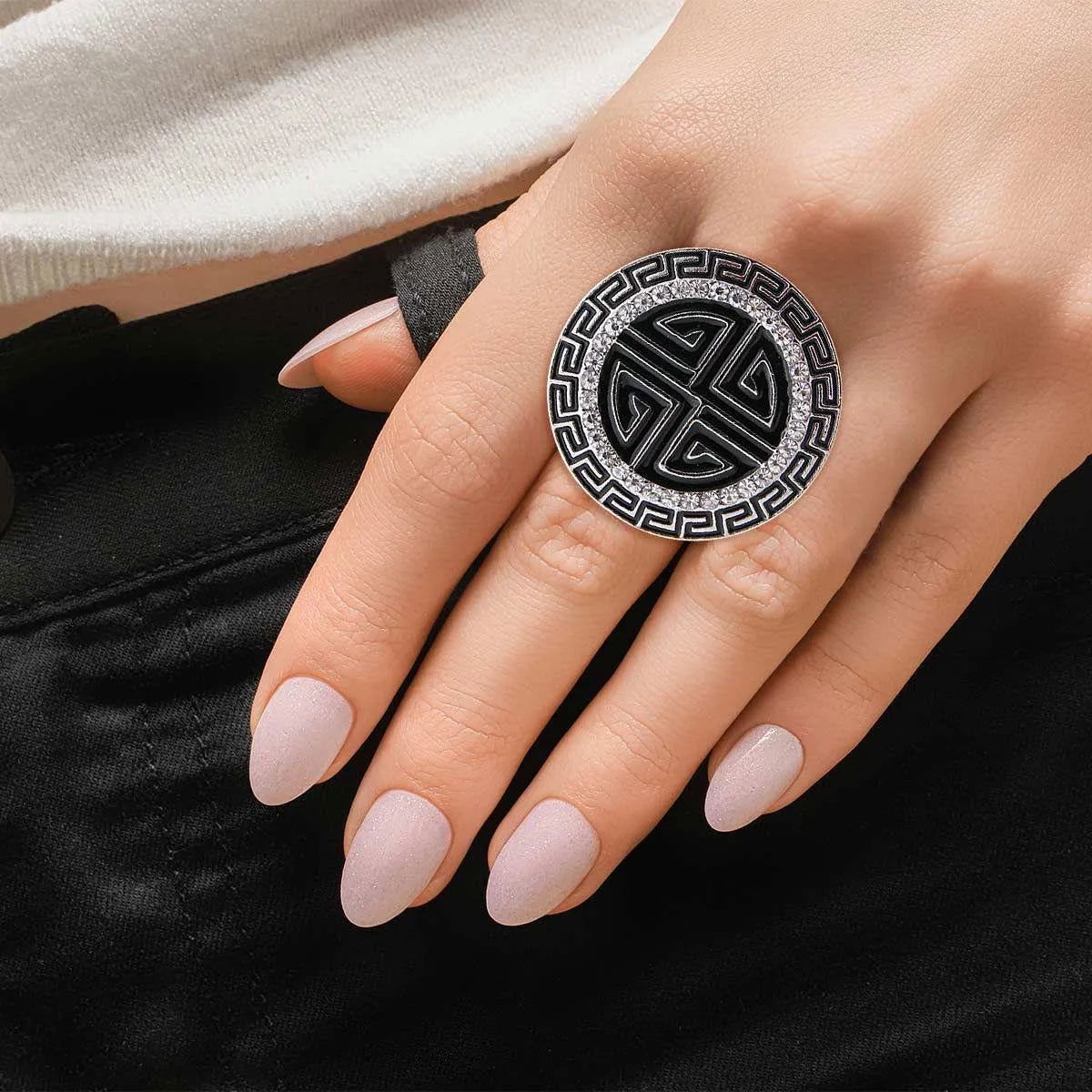 Black Round Greek Cocktail Ring Silver Plated Pinktown