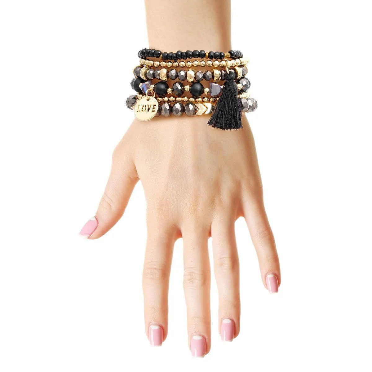 Black Stretch Bracelet Set Tassel Love Charm Pinktown