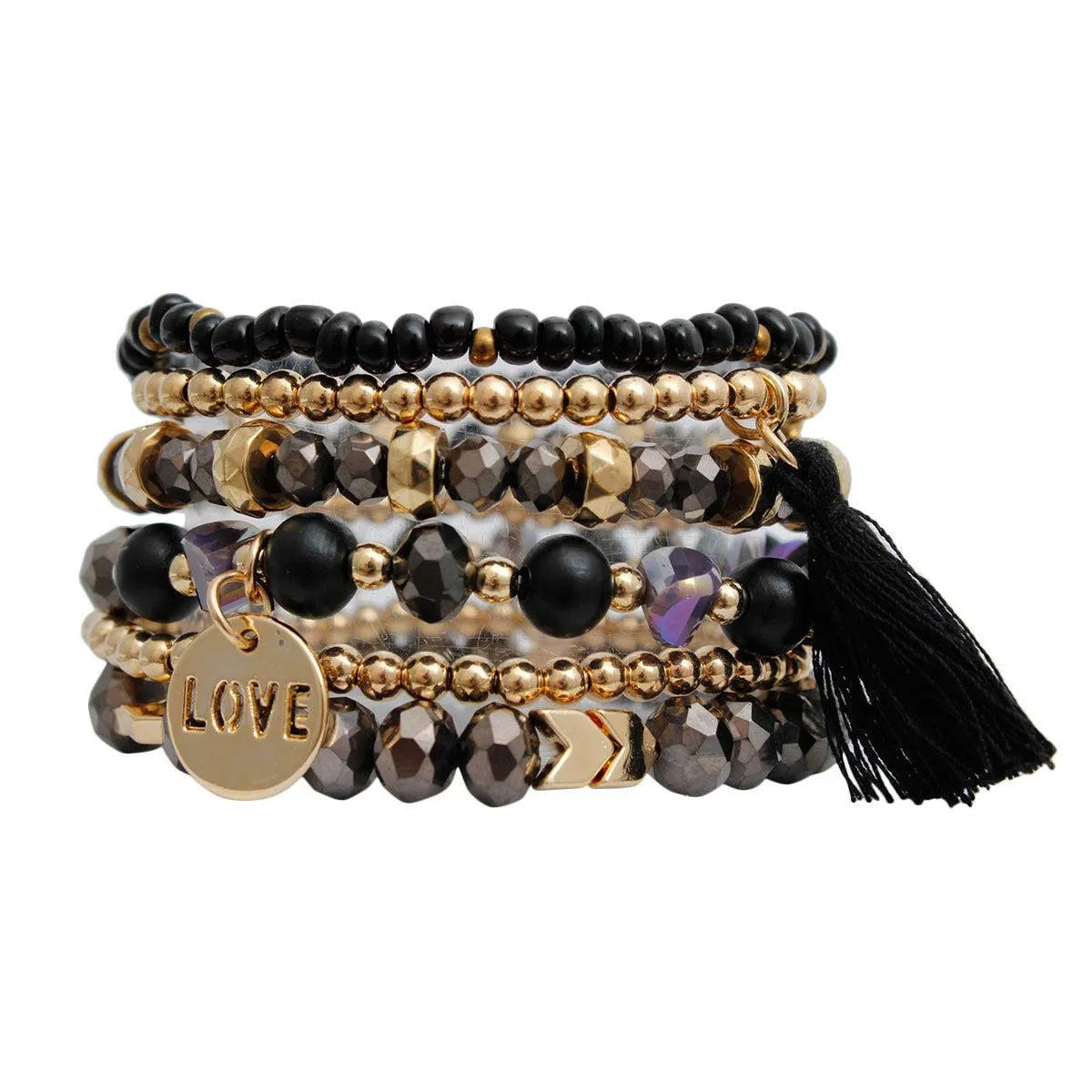 Black Stretch Bracelet Set Tassel Love Charm Pinktown