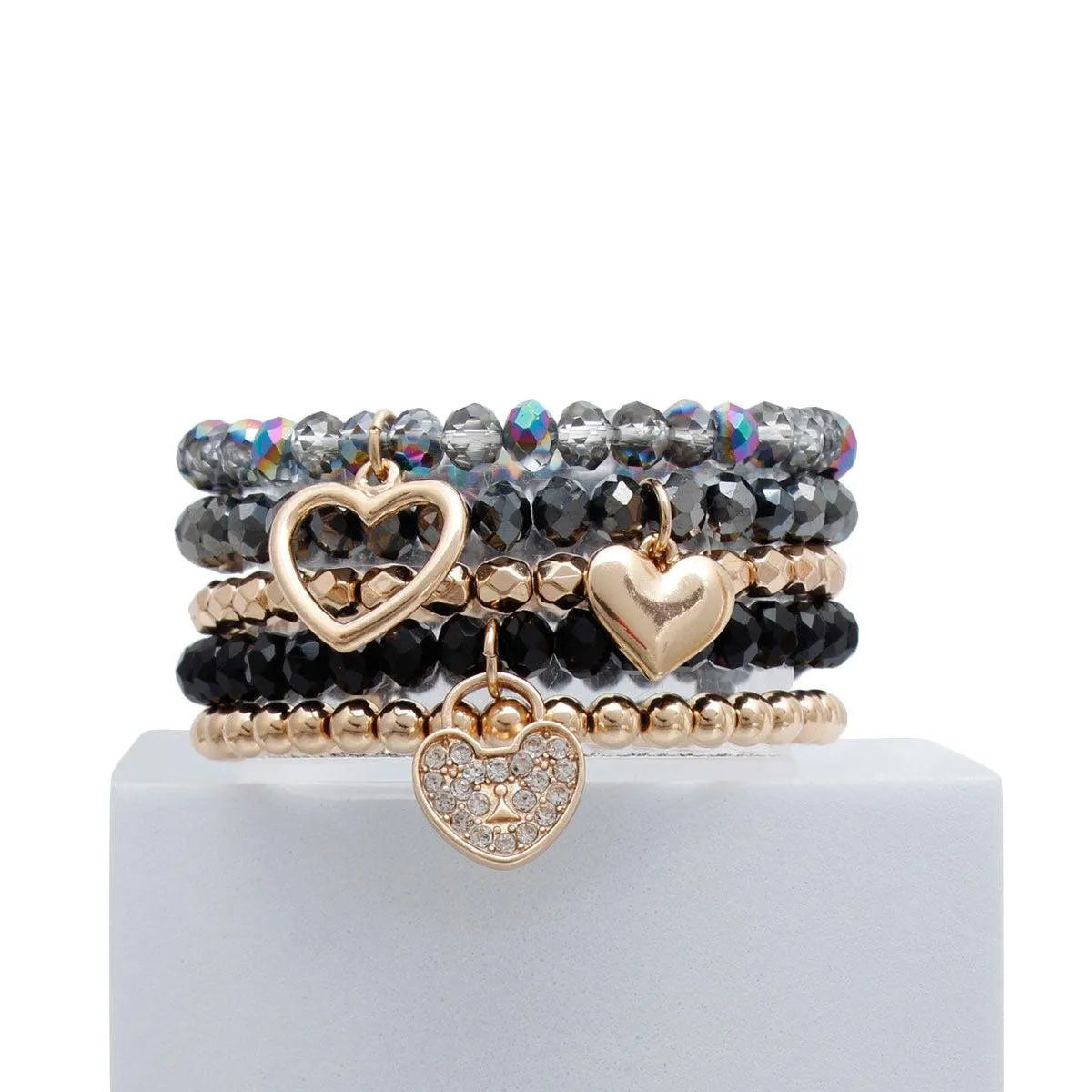 Black and Gold Tone Heart Charm Bracelet Set Pinktown