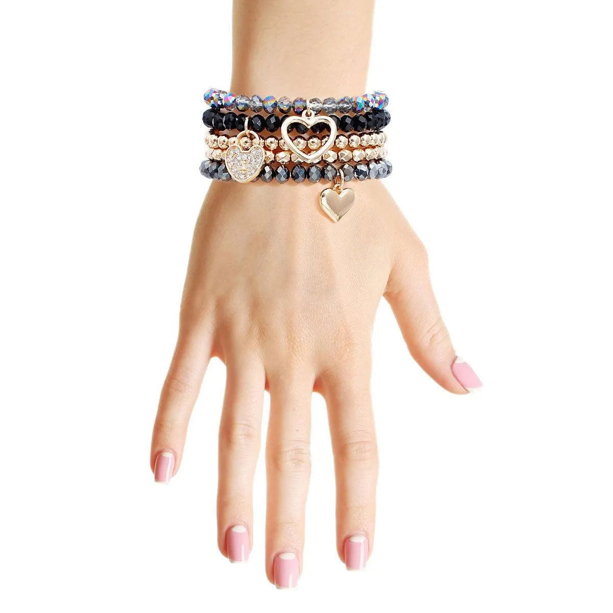 Black and Gold Tone Heart Charm Bracelet Set Pinktown