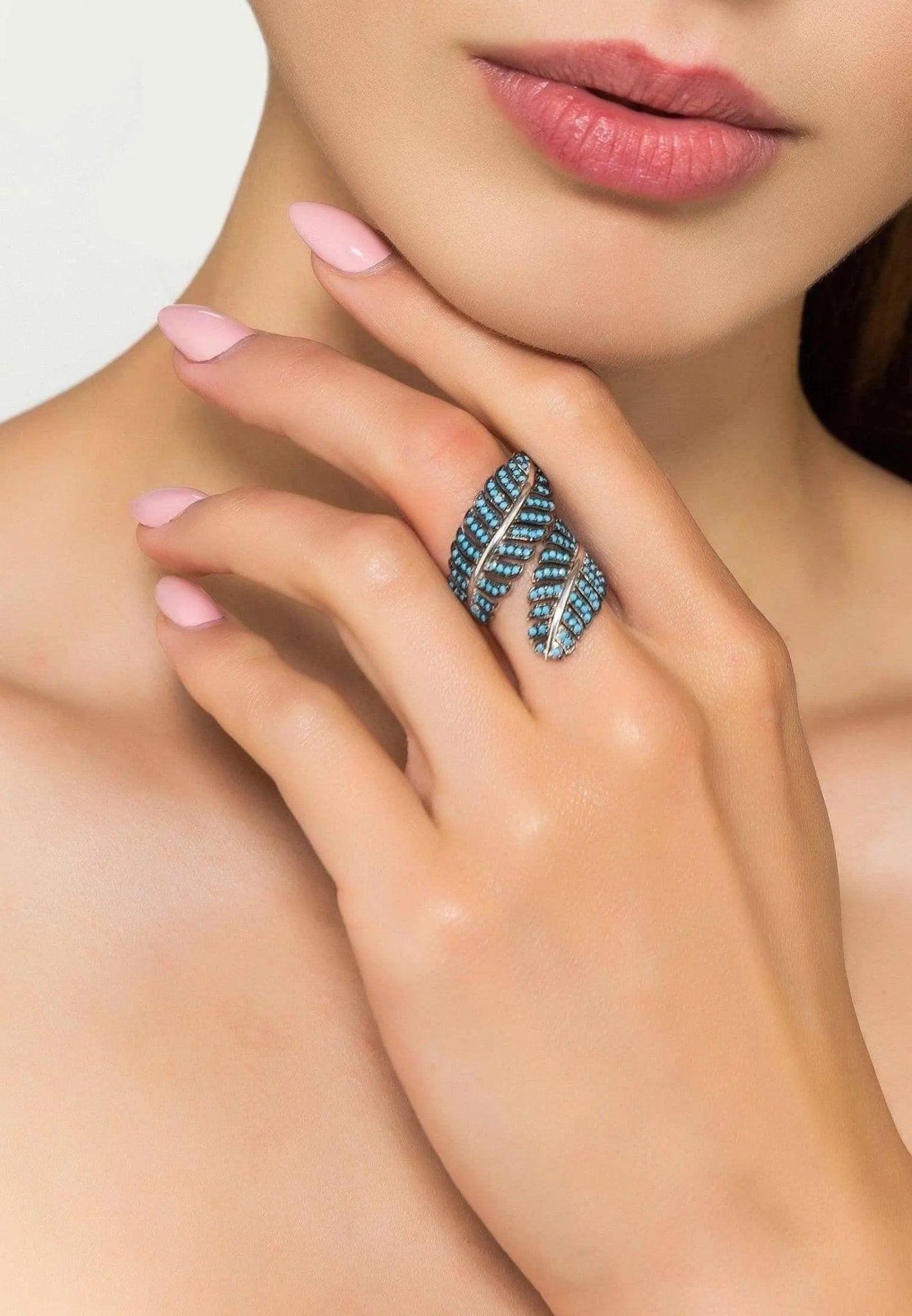 Blue Turquoise CZ Tropical Leaf Cocktail Ring, Sterling Silver Jewelry Bubble