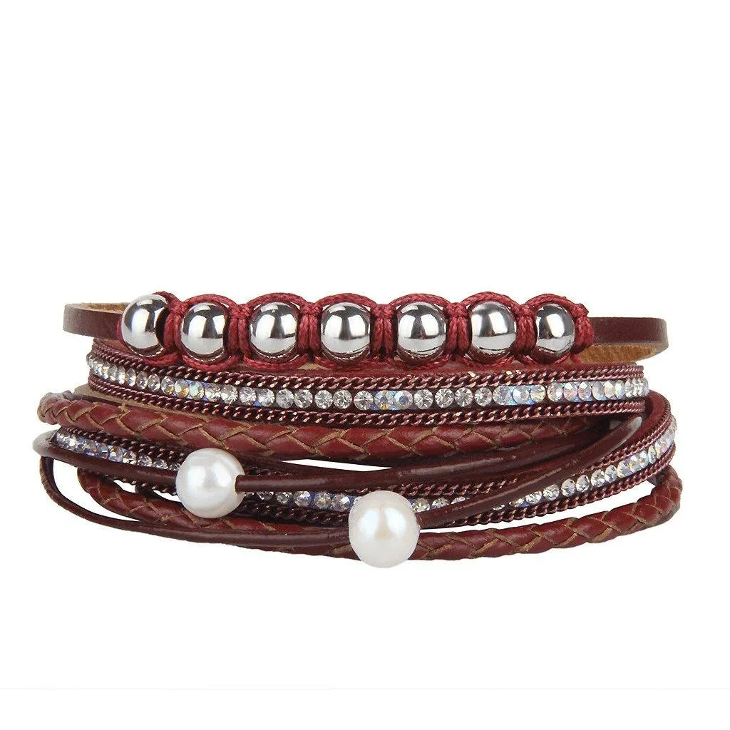 Bohemian Multi-strand Pearl Vegan Leather Braided Bracelet Jewelry Bubble