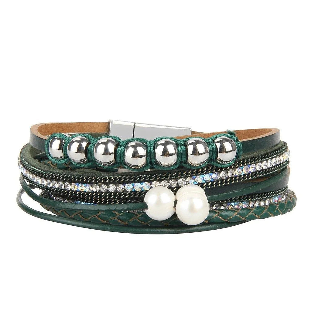 Bohemian Multi-strand Pearl Vegan Leather Braided Bracelet Jewelry Bubble