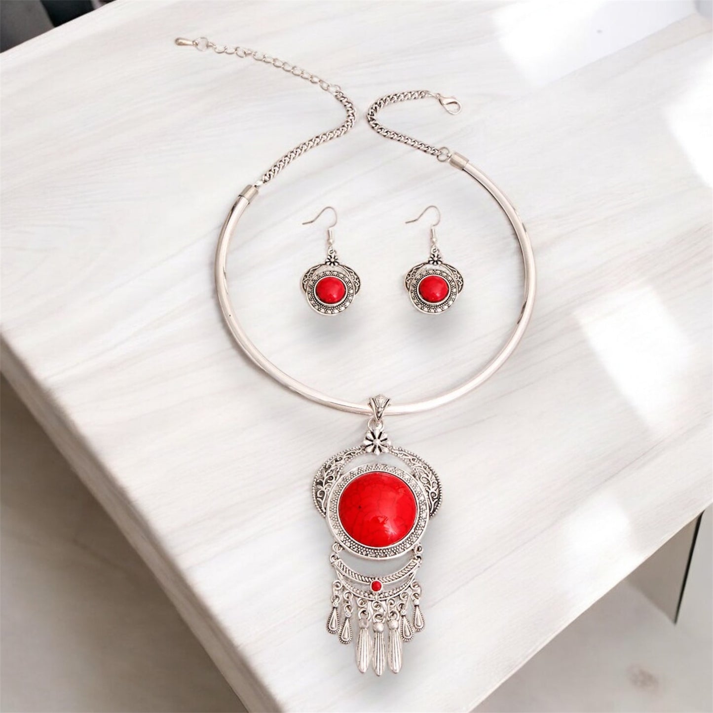 Bohemian Red Statement Necklace and Earrings Set Pinktown