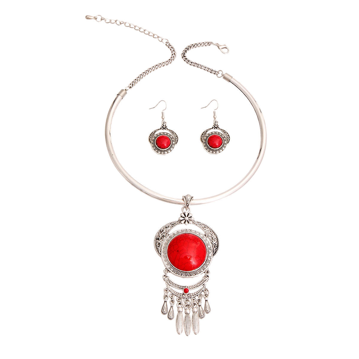 Bohemian Red Statement Necklace and Earrings Set Pinktown