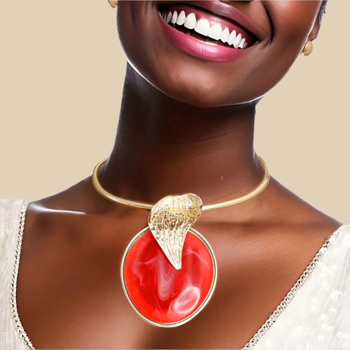 Bold Red Statement Rigid Collar Necklace and Earring Set - Elegant Gold Accents for Chic Style Pinktown