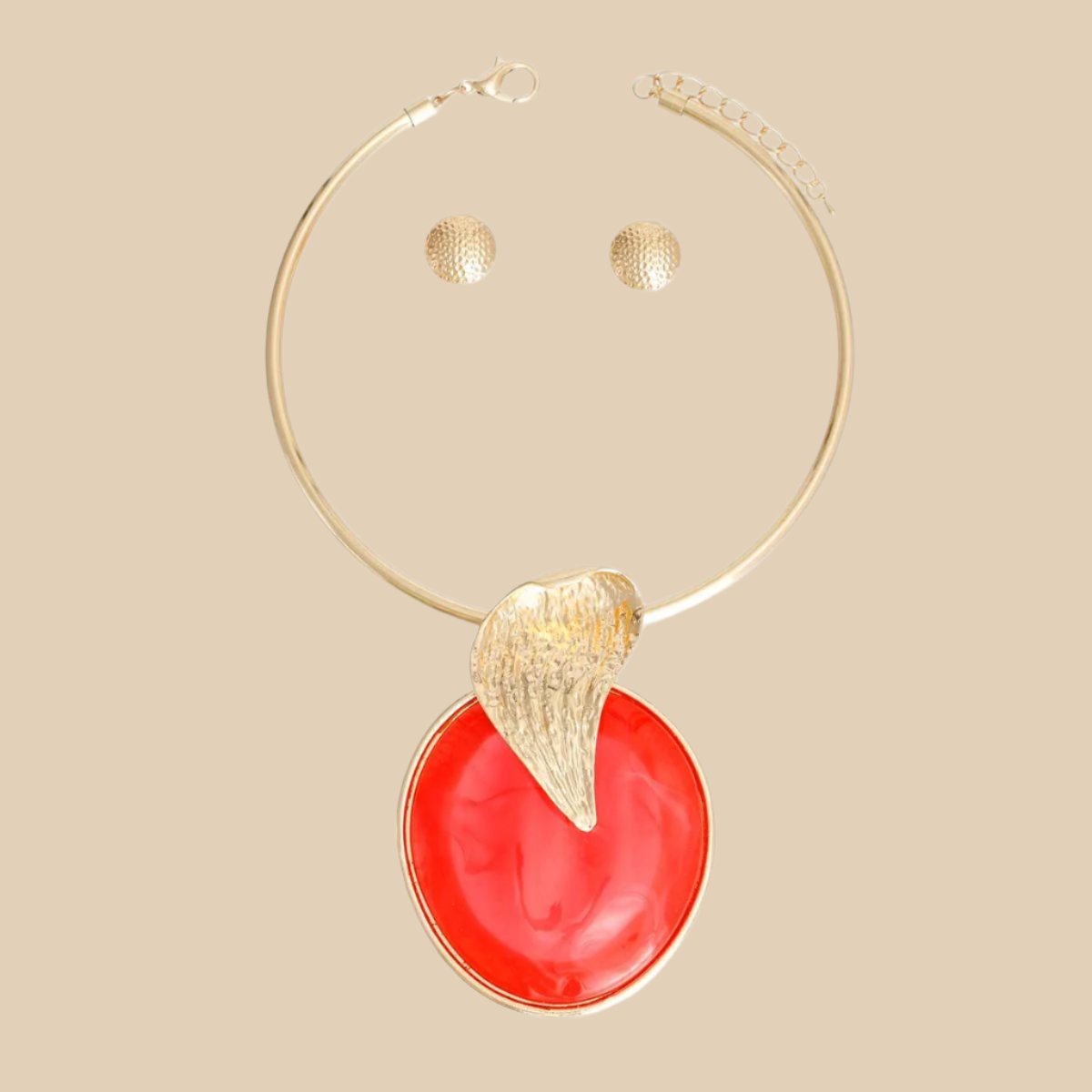 Bold Red Statement Rigid Collar Necklace and Earring Set - Elegant Gold Accents for Chic Style Pinktown