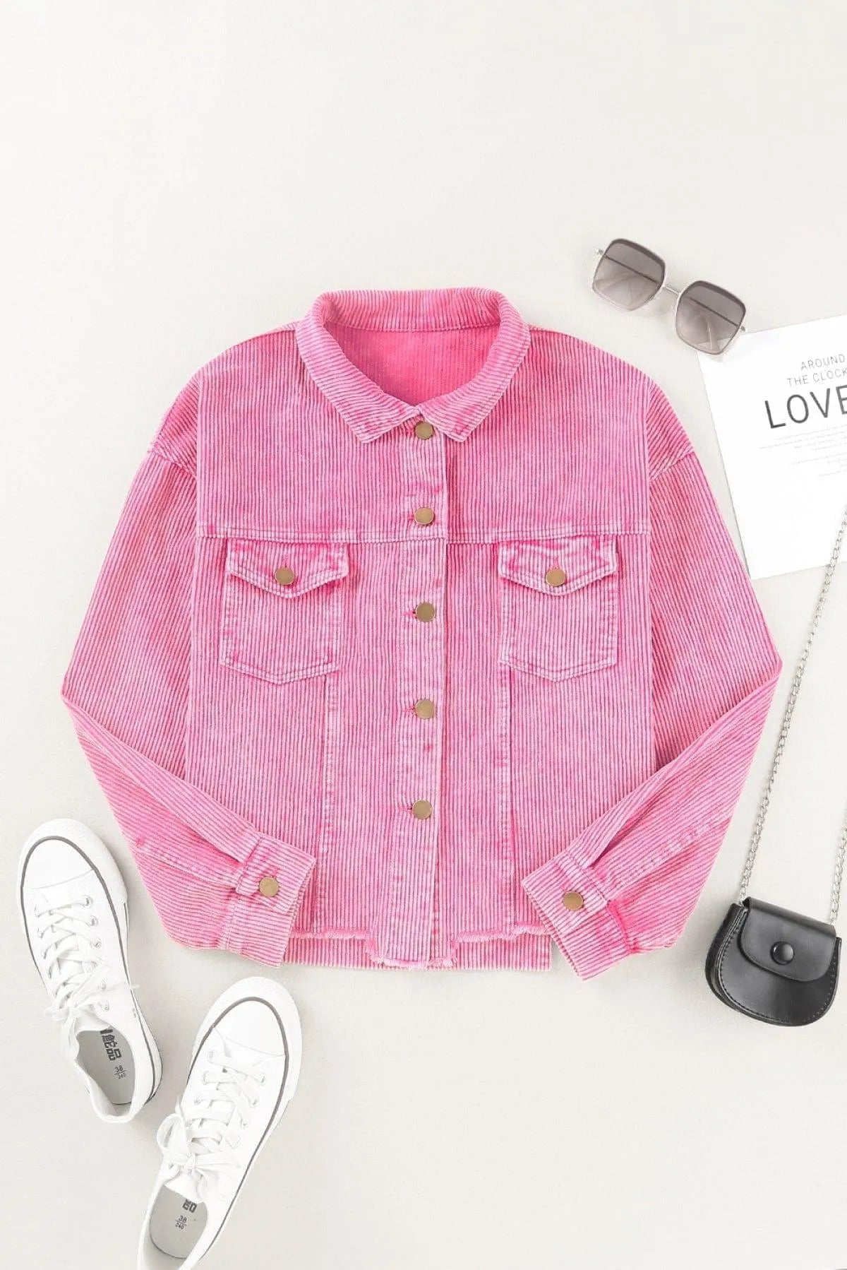 Bright Pink Vintage Style Raw Hem Corduroy Jacket Jewelry Bubble