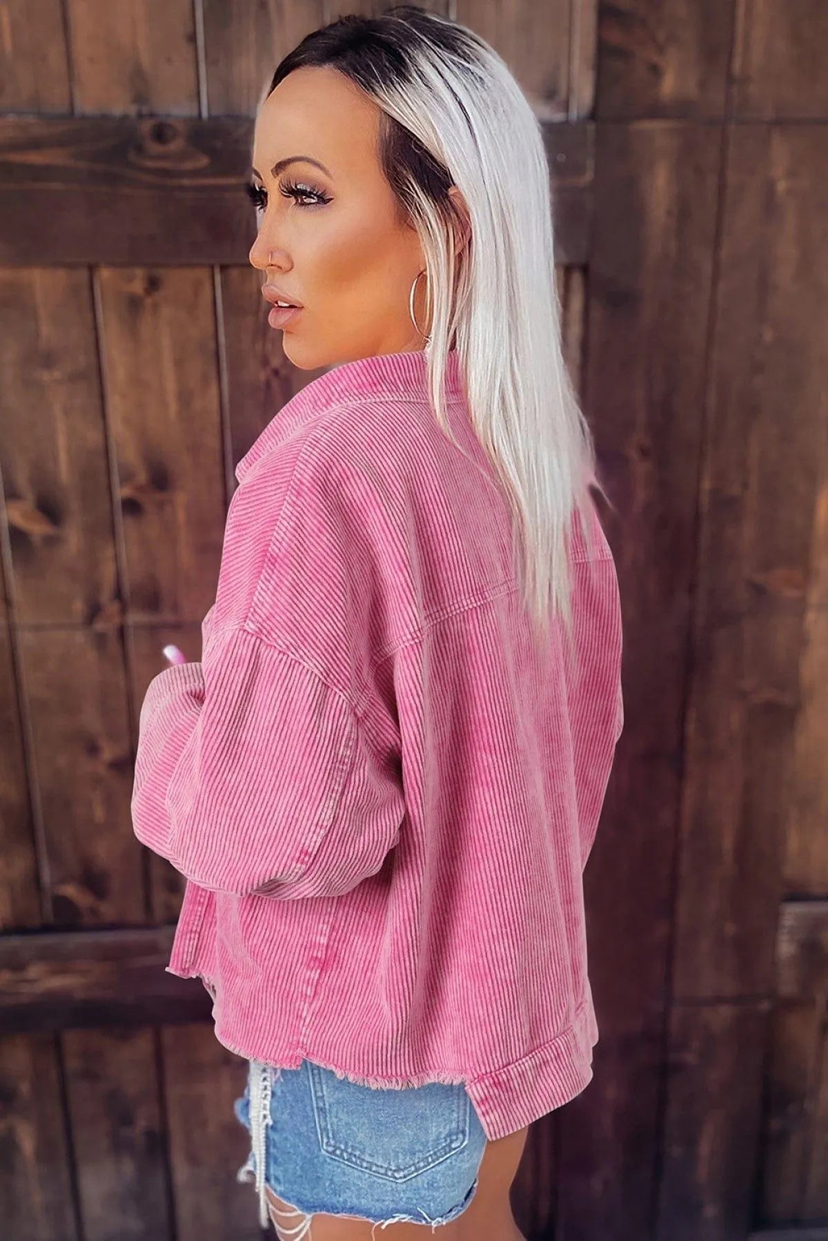 Bright Pink Vintage Style Raw Hem Corduroy Jacket Jewelry Bubble