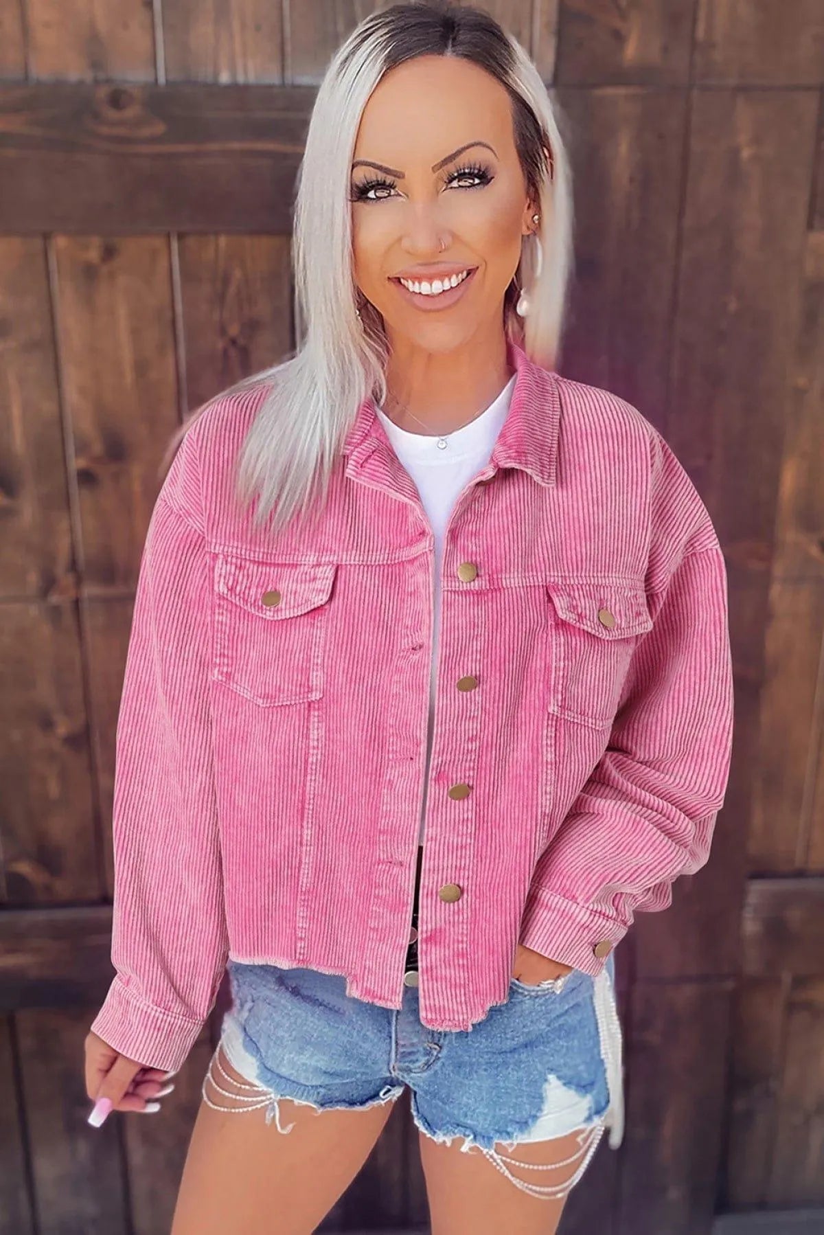 Bright Pink Vintage Style Raw Hem Corduroy Jacket Jewelry Bubble