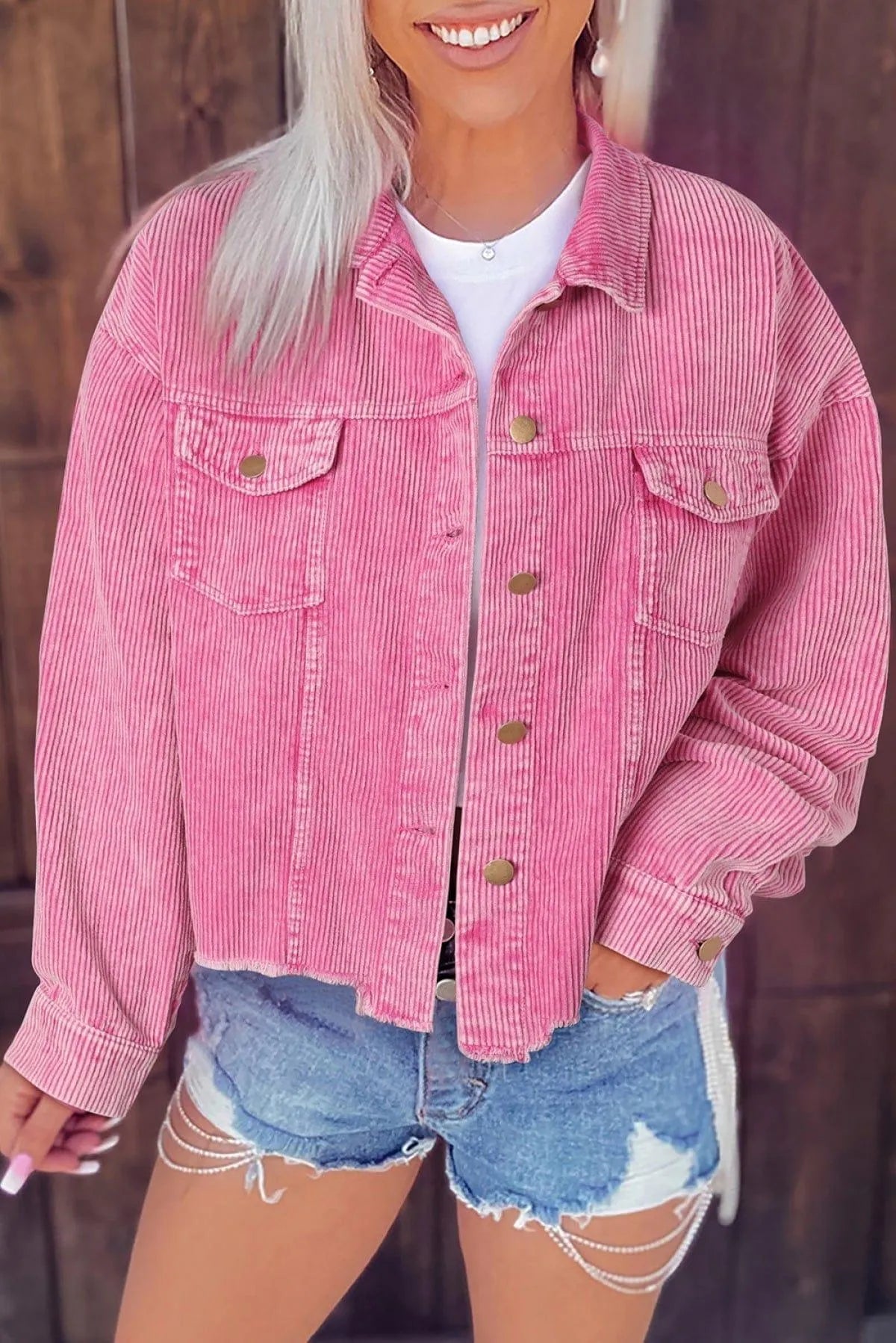 Bright Pink Vintage Style Raw Hem Corduroy Jacket Jewelry Bubble