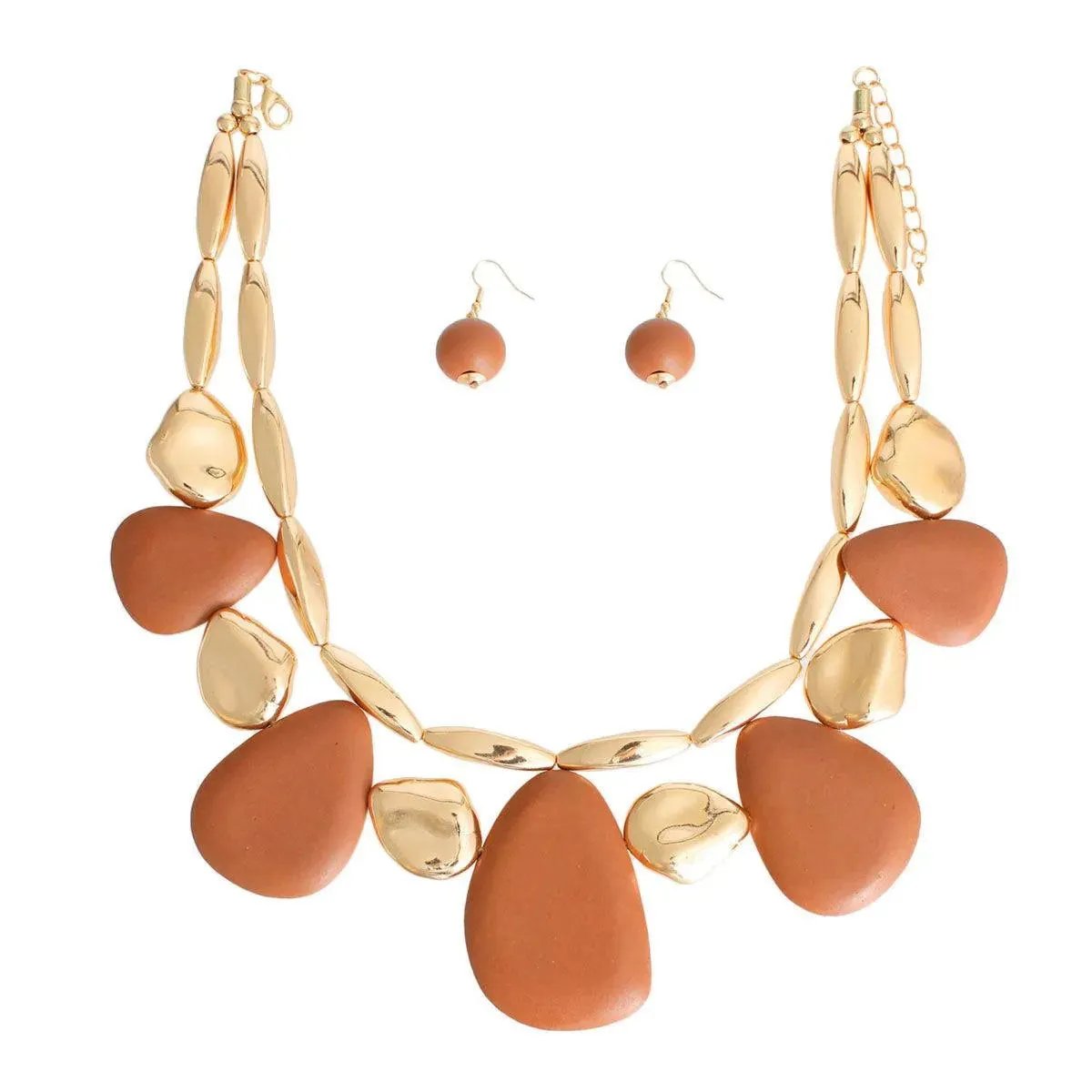 Brown & Gold Beaded Jewelry Set: Necklace & Earrings Combo