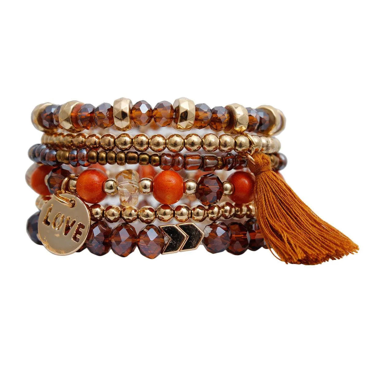Brown Stretch Bracelet Set Tassel Love Charm Pinktown