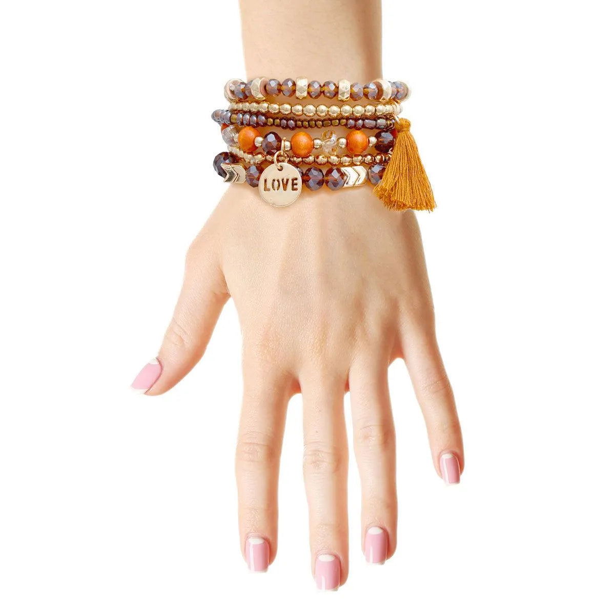 Brown Stretch Bracelet Set Tassel Love Charm Pinktown