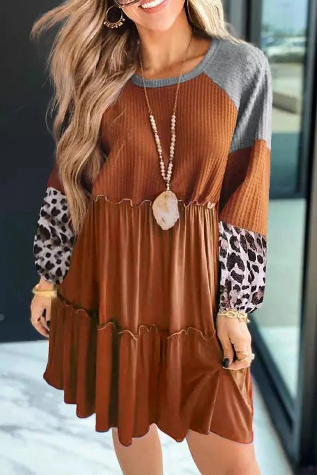 Brown Waffle Knit Leopard Patchwork Long Sleeve Dress Jewelry Bubble