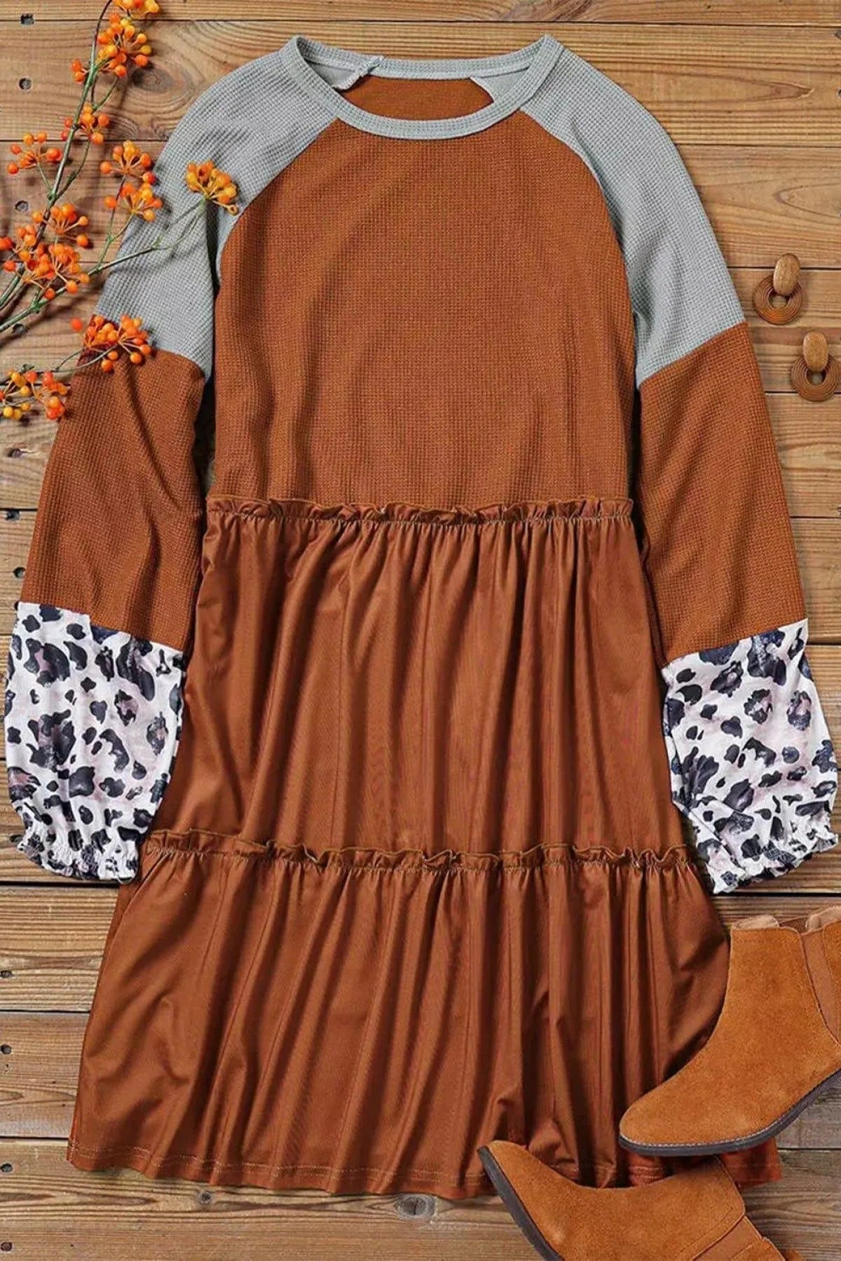 Brown Waffle Knit Leopard Patchwork Long Sleeve Dress Jewelry Bubble