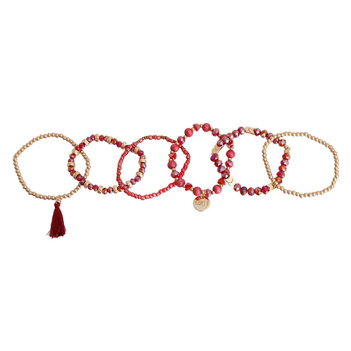 Burgundy Stretch Bracelet Set Tassel Love Charm Pinktown