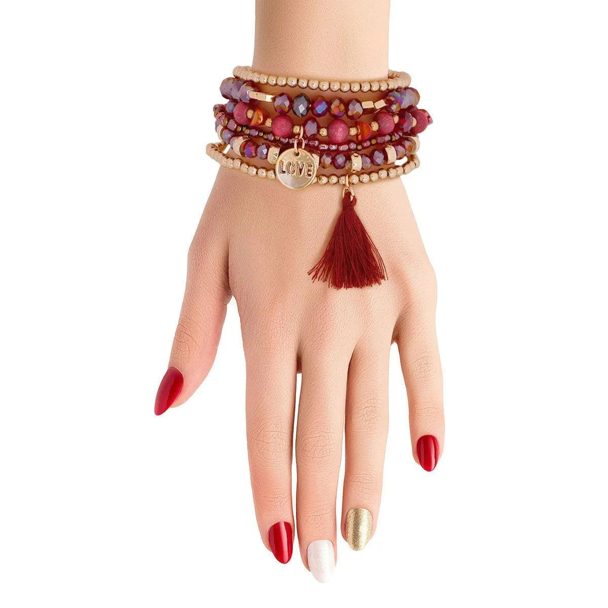 Burgundy Stretch Bracelet Set Tassel Love Charm Pinktown