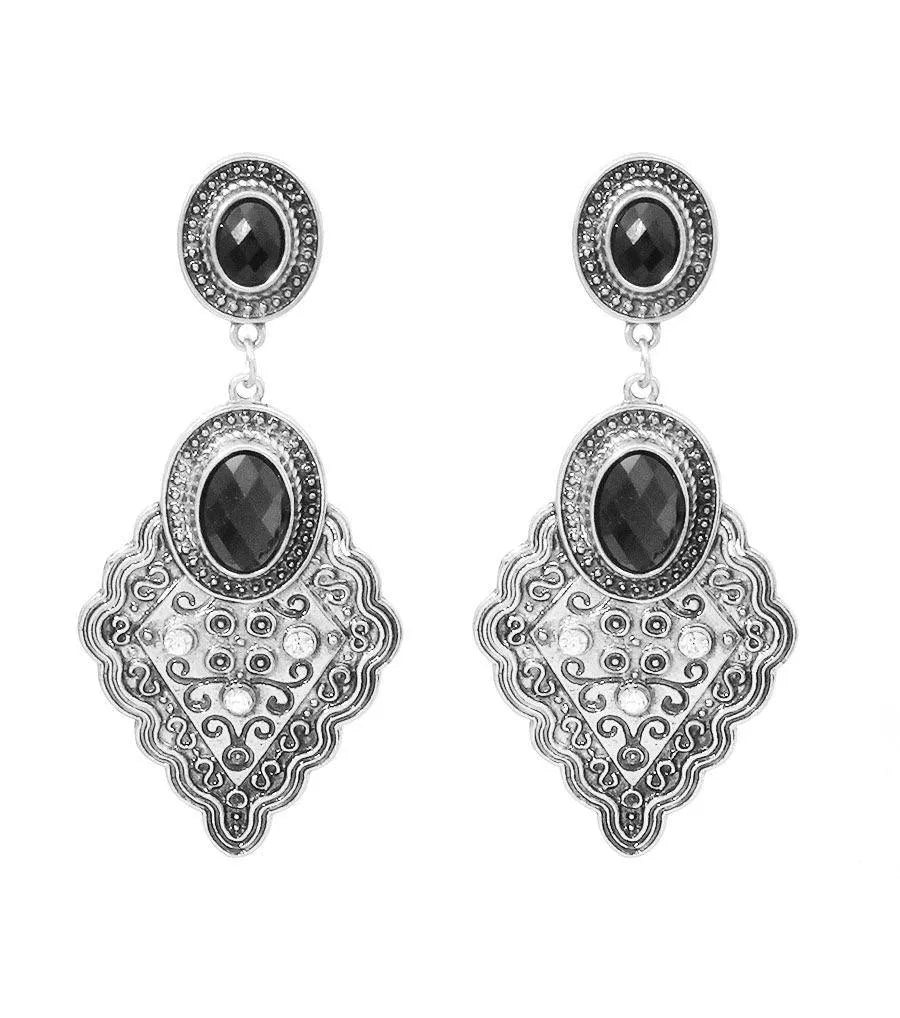 Burnished Silver Ornate V Dangle Earrings Pinktown