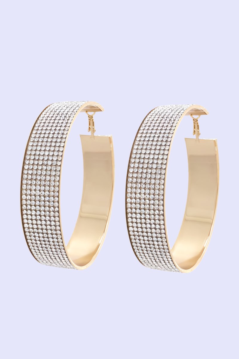 Clear Rhinestone Wide Hoop Earrings Gold Tone Pinktown