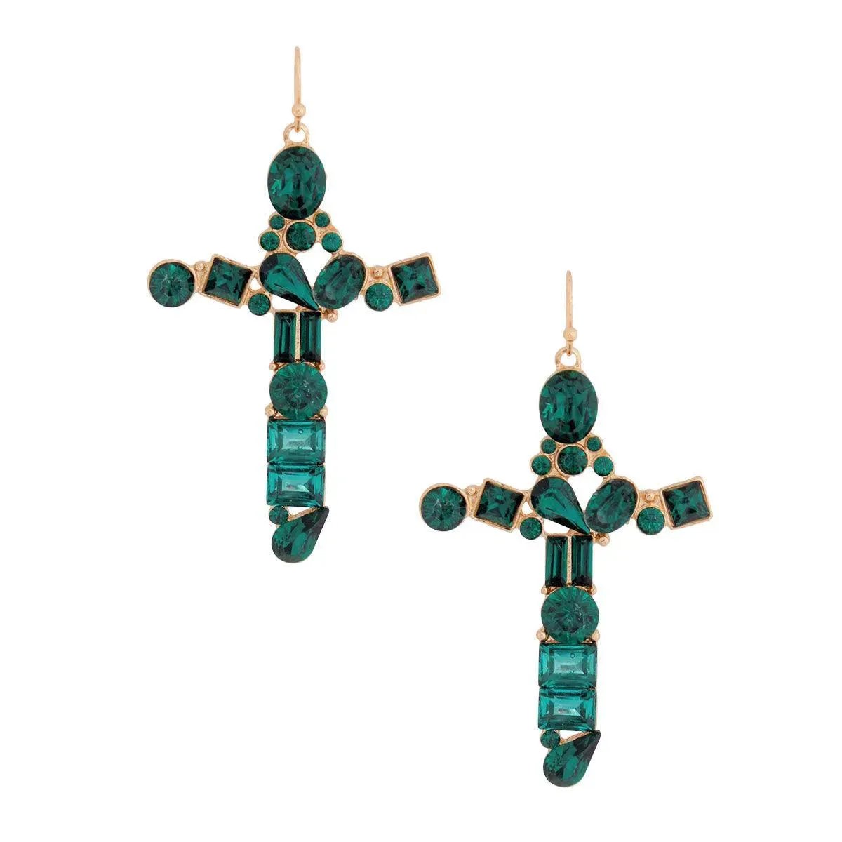 Cross Earrings Gold Plated Green Envy