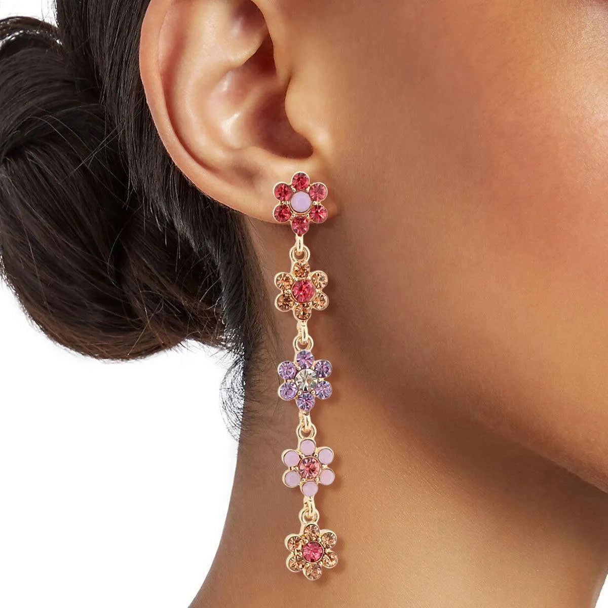 Gold Plated Multicolor Daisy Flower Drop Earrings with Acrylic Rhinestones – Statement Jewelry Pinktown