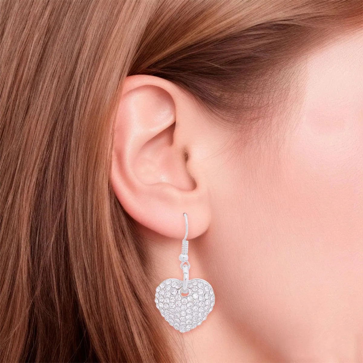 Dazzle in Style Fashion Jewelry: Silver Heart Earrings with Clear Rhinestones Pinktown
