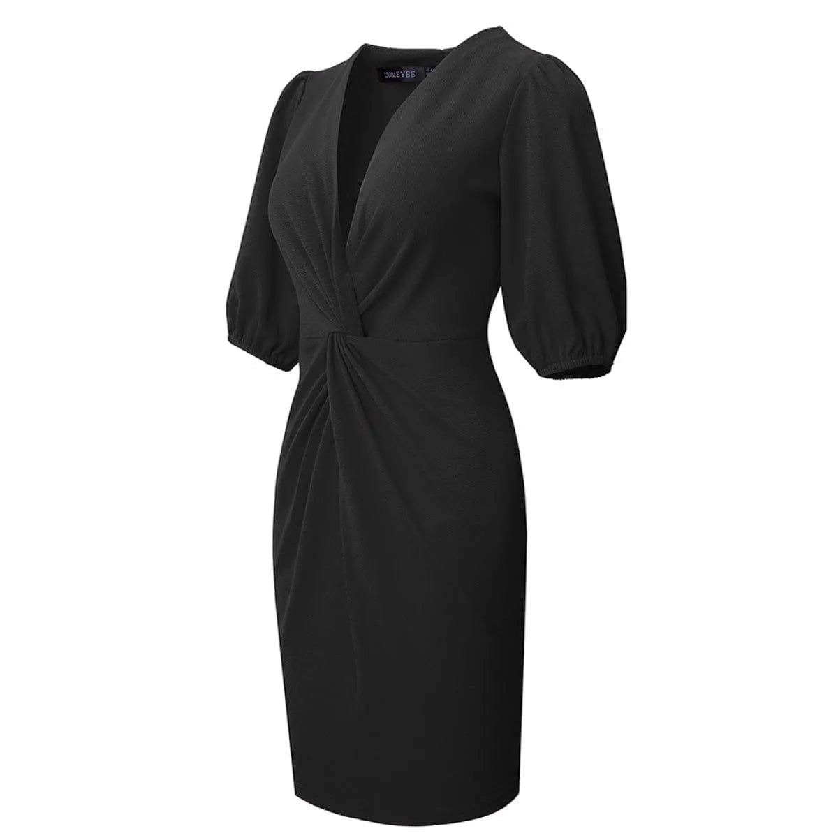Deep V Lantern Sleeve Folds Solid Color Mini Dress With Keyhole Jewelry Bubble