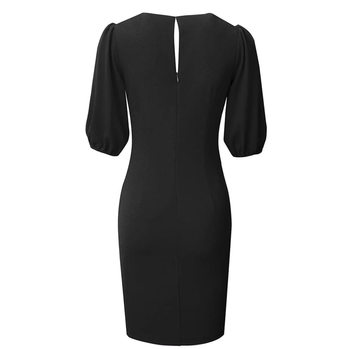 Deep V Lantern Sleeve Folds Solid Color Mini Dress With Keyhole Jewelry Bubble